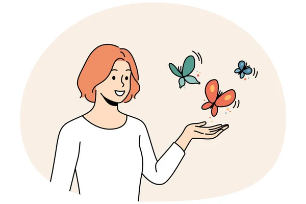 Jeune Femme Souriante Avec Des Papillons Volant Près Main Joyeuse — Image vectorielle
