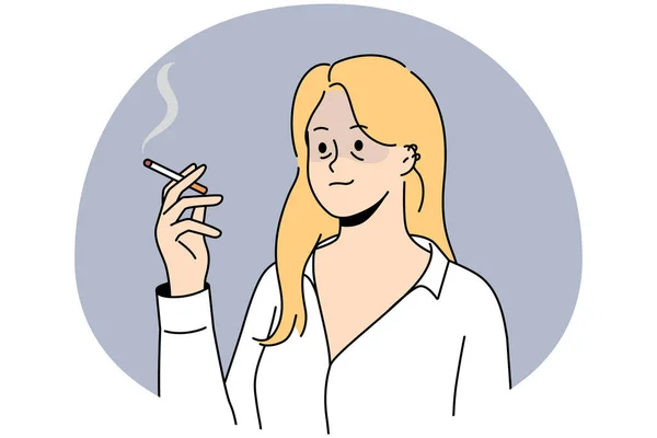 Mulher Jovem Cansado Insalubre Sentir Sobrecarregado Fumar Cigarro Funcionária Infeliz —  Vetores de Stock