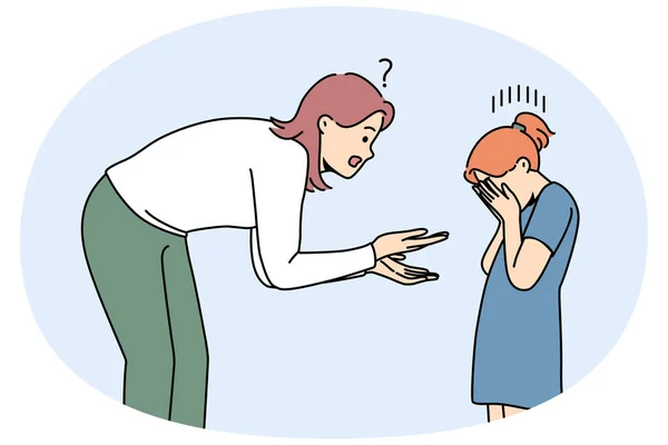 Jovem Mãe Repreendendo Infeliz Chorando Pequena Filha Mãe Confusa Fala — Vetor de Stock