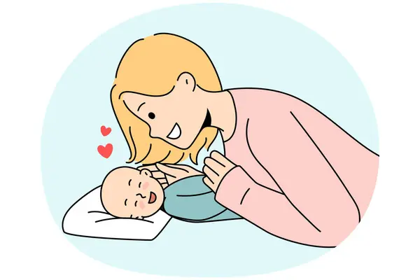 Lachende Jonge Moeder Spelen Met Schattige Pasgeboren Baby Gelukkige Moeder — Stockvector