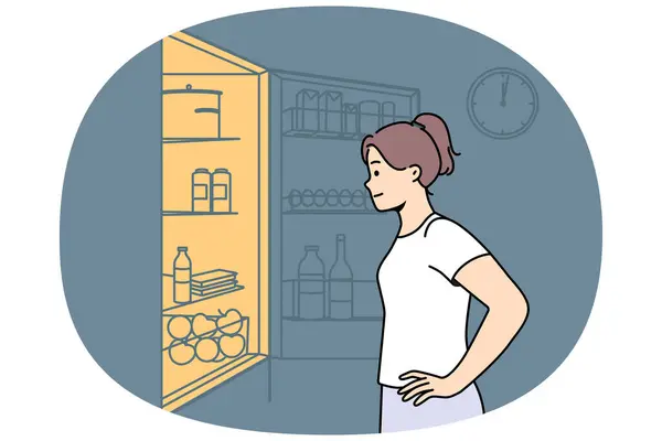 Скучная Молодая Женщина Заглядывает Ночью Холодильник Тысячелетние Женщины Чувствуют Голод — стоковый вектор