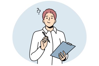 Adam düşünüyor, panoyu tutuyor, kalemi elinde tutuyor. Adam konuşma için cümleler seçiyor. Ofis çalışanı, çalışan, yönetici sözleşme ve sunum için belgeleri hazırlar. Vektör özet çizimi.