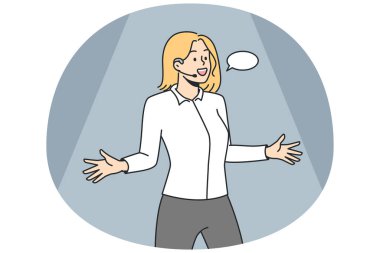 Stand-up komedyen kadın. Kız komik ilginç bir hikaye anlatıyor, sahnede bir şeyler gösteriyor. Seyircilerin önünde gösteri yapan bir bayan. Konuşma balonu. Sözcü, aktör. Vektör doğrusal renkli resimleme.