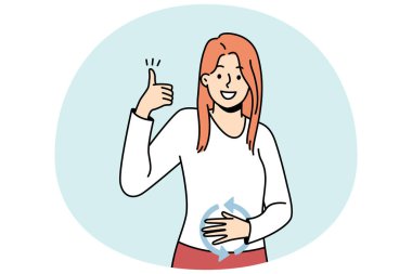 Mutlu kız yemekten sonra kendini iyi hissediyor. Genç bayanın sağlıklı bir sindirimi var, elini karnının üstünde tutuyor, jest yapıyor gibi. Bayan öğrencinin iyi beslenmesi var. Renk olarak vektör çizgisi çizimi.