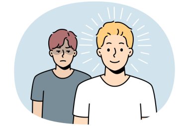 Mutlu adam üzgün olanın önünde duruyor. Kasvetli adam neşeli olanın peşinde. Oğlan, arkadaşının, komşusunun başarısını kıskanıyor intikam almak ve ona zarar vermek istiyor. Kazanan, kaybeden. Vektör özet çizimi.