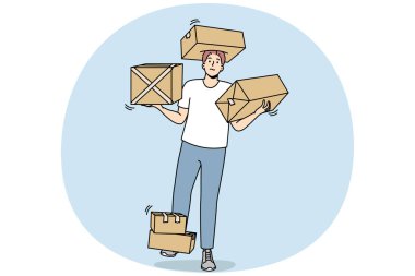 Kurye kollarında, bacaklarında ve kafasında eşyalar olan karton kutular taşıyor. Adam müşteriye paketlenmiş siparişleri teslim eder. Adam taşındıktan sonra eşyaları eve yerleştiriyor. Vektör ana hatları renkli izole edilmiş çizimler.
