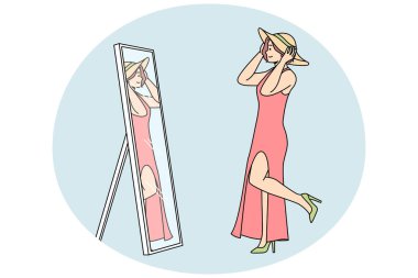 Young woman in dress, shoes, tries on hat in front of mirror. Girl chooses look for summer walk. Lady enjoys shopping, refreshes wardrobe. Vector linear colored illustration isolated on blue. clipart