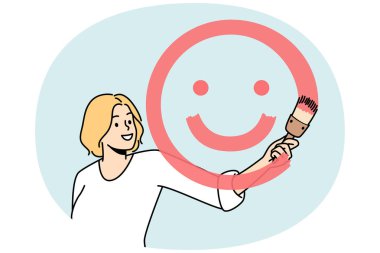 Kız, önünde fırça ve kırmızı boyayla gülen yüzler çiziyor. Sarışın genç bir kadın pozitif enerji yayıyor, duygular yayıyor. Ressam iyi eğlenceler. İyimser bayan. Merak etme, mutlu vektör ol..