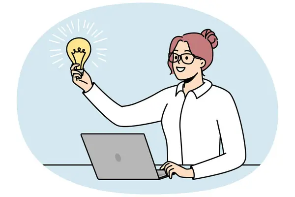 戴眼镜的女商人在她面前举着灯泡 象征着鼓舞人心的想法 动力和能量来源 有才华的女孩在计算机工作 蓝色孤立的向量极小设计 — 图库矢量图片