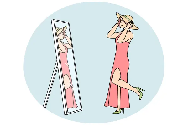 Elbiseli Ayakkabılı Şapkasını Aynanın Önünde Deneyen Genç Bir Kadın Kız — Stok Vektör