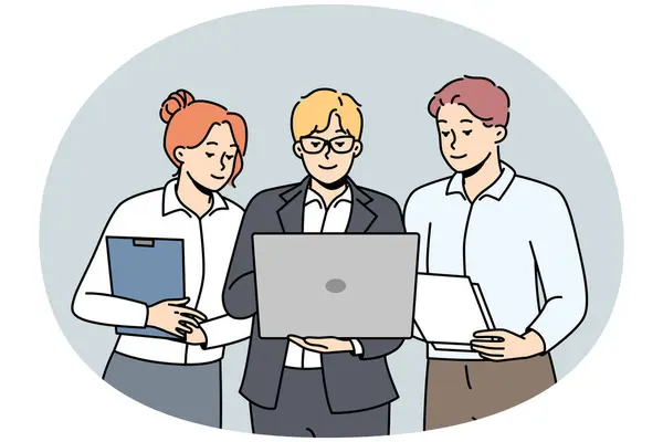 眼鏡の男は 同僚にラップトップ上のビジネスプレゼンテーションを示しています ビジネスマン ビジネスマンが一緒に立って オフィスの仕事でコンピュータ画面を見てください ミーティング ベクトル線形カラークリップ — ストックベクタ