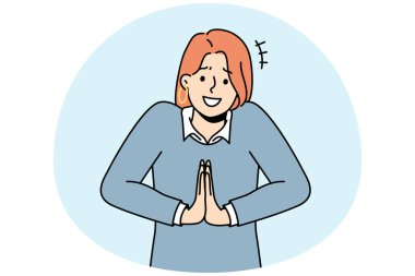 Gülümseyen genç kadın dua ederken el ele tutuşup iyilik istiyor. Milenyum dişisi birine şefkat ya da hizmet için yalvarır. Vektör illüstrasyonu.