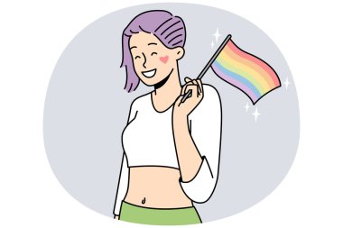 LGBT bayrağını elinde tutan gülümseyen tuhaf kız. Mutlu kadın LGBTQ hareketini destekliyor. Haklar ve gurur yürüyüşü, homoseksüellik. Vektör illüstrasyonu.