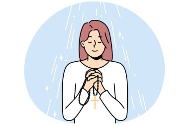 Elinde tespihle dua eden genç bir kadın. Tespih taşıyan dindar, batıl inançlı bir kız Tanrı 'yla konuşup iyi kaderi soruyor. Din ve inanç. Vektör illüstrasyonu.