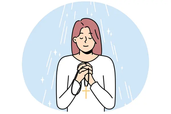Elinde Tespihle Dua Eden Genç Bir Kadın Tespih Taşıyan Dindar — Stok Vektör