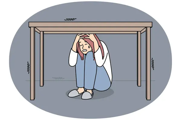 Mutsuz Kadın Korkmuş Hisseder Masanın Altına Saklanır Stresli Kadın Çığlıkları — Stok Vektör