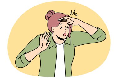 Korkmuş genç bir kadın uzaklarda bir şeyler arıyor. Şaşırmış dişiler hayal kırıklığına uğramış hissederler ve panikleyip el hareketi yaparlar. Keşif ve keşif. Vektör illüstrasyonu.