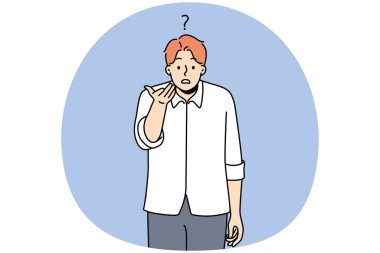 Kafası karışmış genç adam kameraya bak hayal kırıklığına uğramış ve tatminsiz hisset. Bilgi ya da teklifle hayal kırıklığına uğramış mutsuz bir adam. Vektör illüstrasyonu.