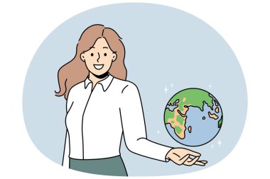 Gülümseyen genç bayan öğretmen dünyayı elinde tutuyor. Mutlu kadın coğrafya öğretmeni Dünya modelini gösteriyor. Eğitim ve öğrenim. Vektör illüstrasyonu.