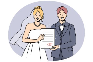 Gülümseyen gelin ve damadın elinde evlilik sertifikası var. Aile kurma heyecanı. Düğün gününde gelinlik ve takım elbiseli mutlu bir çift. Vektör illüstrasyonu.