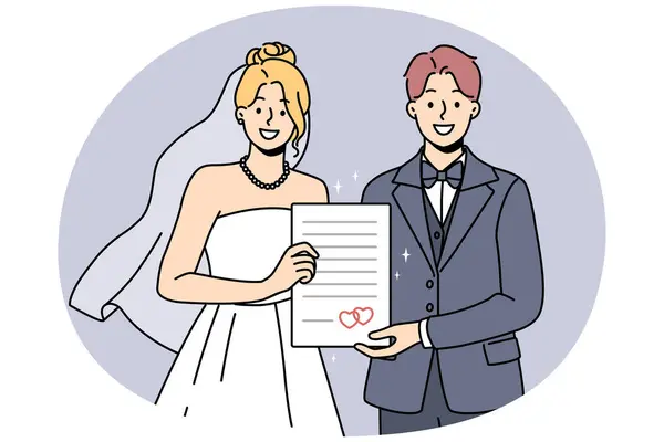 Mariée Souriante Marié Tenant Certificat Mariage Excité Par Famille Départ — Image vectorielle