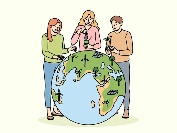 stock vector Human volunteers stand near globe and place trees and wind or solar generators on planet to combat CO2. Eco activists and volunteers take care of nature and save environment from harmful CO2 emissions