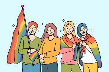 Eşcinsel geçit töreni için gökkuşağı bayraklı LGBT 'liler gurur ayını kutlamak ve eşcinsel festivaline katılmak için çağrılıyorlar. LGBT ve LGBTq erkek ve kadınları özgür aşkı destekliyor ya da geleneksel olmayan değerleri