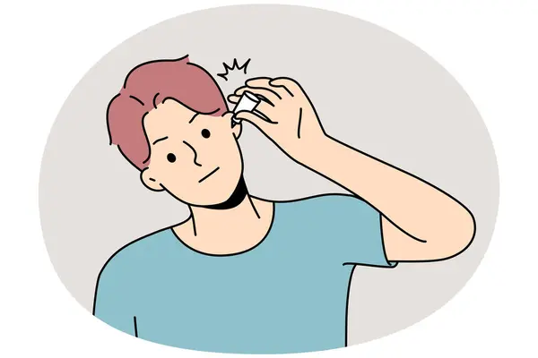 Sağlıksız Genç Adam Kulak Damlası Kullanıyor Enfeksiyon Kapıyor Hasta Bir — Stok Vektör