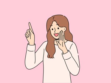 Happy woman tells secret by putting palm to mouth and pointing finger up to recommend paying attention to advertisement. Cheerful girl sharing secret by telling important information or life hacks clipart