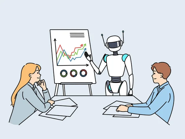 Robô Inteligência Artificial Fala Com Pessoas Sala Reuniões Corporativas Para Ilustração De Bancos De Imagens