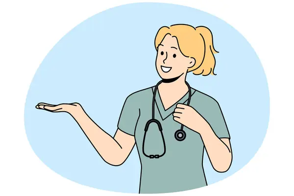 Enfermeira Mulher Sorridente Uniforme Médico Mostrar Bom Negócio Oferta Médica —  Vetores de Stock