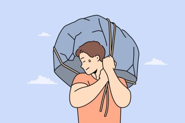 İnsanoğlu, başarmak için zorlu bir işe hazır olduğunu gösteren devasa taşları kaldırır. Erkeklerin elindeki taş parçası rahatsızlık ve ıstıraba neden olan zor yaşam koşullarını simgeler.