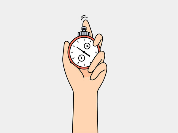 Секундомер в руке человека отслеживает скорость спортсмена или производительность сотрудника компании. Концепция важности повышения производительности и своевременного соблюдения сроков для достижения карьерного успеха