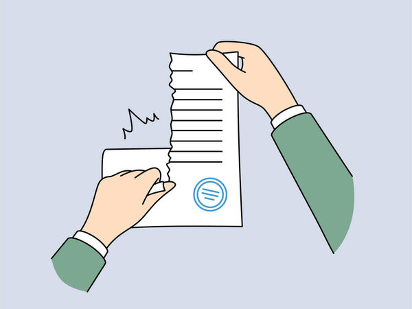 Руки разрывают запечатанный контракт, чтобы избавиться от не приносящих доход бизнес-обязательств или бросить работу. Лицо уничтожает правовые документы, которые могут указывать на преступные действия бизнеса или корпорации.