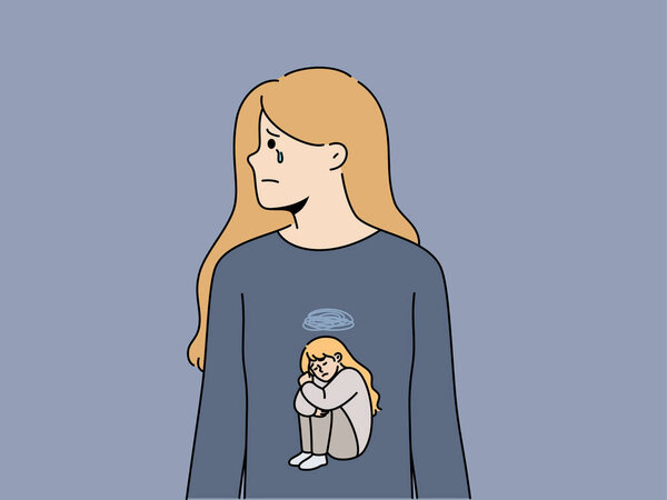 Woman cries due to stress and depression caused by psychological trauma in childhood, dressed in t-shirt with little crying girl. Psychological concept with female teenager needing psychotherapist