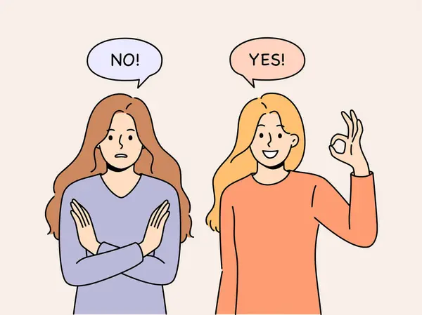 Γυναίκες Αντίθετες Απόψεις Δείχνουν Ναι Και Όχι Χειρονομίες Απαντώντας Ερωτήσεις — Διανυσματικό Αρχείο