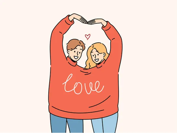 Couple Amoureux Portant Même Pull Ensemble Fait Forme Coeur Des Illustrations De Stock Libres De Droits