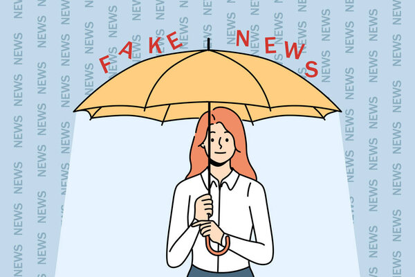 Woman covers herself with umbrella from fake news and disinformation, for concept combating harmful propaganda. Girl resists and maintains information hygiene hiding from fake news