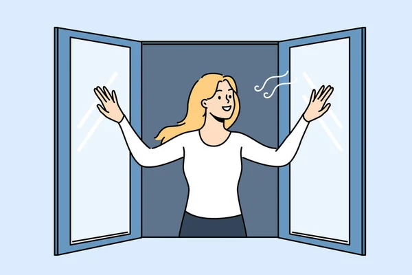Femme Ouvre Fenêtre Profitant Air Frais Venant Rue Dans Appartement Vecteur En Vente