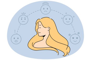 Etrafı farklı duyguları olan emojilerle çevrili genç bir kadın. Kadın duygusal ve anlamlı bir deneyim yaşar. Kötü ve iyi bir ruh hali. Vektör illüstrasyonu.