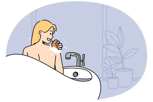 自宅でバスタブで洗濯している若い裸の女性の笑顔 スポンジでこすったハッピーガールはバスルームで温かいお風呂を楽しんでいます 衛生コンセプト ベクトルイラスト ロイヤリティフリーストックベクター