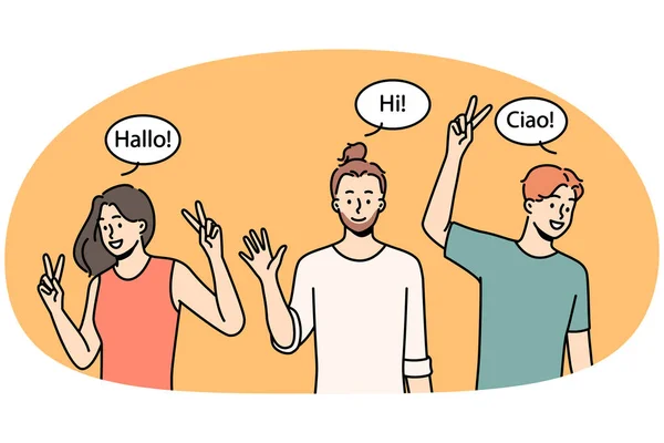 Pessoas Multirraciais Sorridentes Acenando Mãos Saudando Diferentes Idiomas Felizes Homens Ilustrações De Bancos De Imagens Sem Royalties