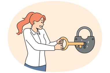 Smiling young woman open lock with huge key. Happy businesswoman use tool for padlock opening. Problem solution. Vector illustration. clipart