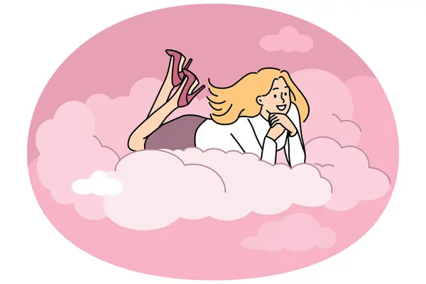 Улыбающаяся Молодая Женщина Лежит Облаке Мечтает Визуализирует Счастливая Женщина Воздухе Лицензионные Стоковые Иллюстрации