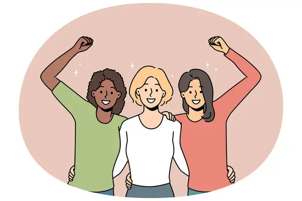 Mulheres Multirraciais Alegres Abraço Mostrando Unidade Solidariedade Sorrindo Diversas Meninas Vetores De Bancos De Imagens