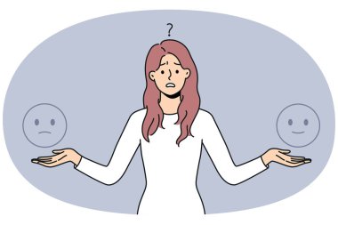 Kafası karışmış genç bir kadın hayal kırıklığına uğramış hisseder ve gün içinde ruh halini seçer. Mutsuz, güvensiz bir kadın müşteri deneyimi ya da geri bildirim konusunda şüpheci. Vektör illüstrasyonu.
