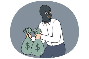 Yüz maskeli bir erkek hırsız elinde para dolu çantalar tutuyor. Hırsız ya da suçlu, bankadan para çalıyor. Suç ve hırsızlık. Vektör illüstrasyonu.