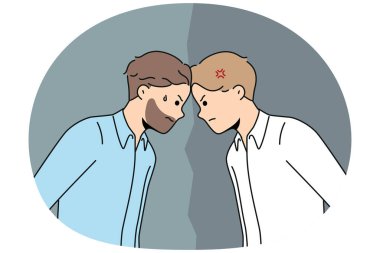 Kızgın erkek çalışanlar birbirlerine karşı duruyorlar. Deli adamlar rakipleri ya da rakipleri kavga ediyor ya da yanlış anlıyorlar. Rekabet ve rekabet. Vektör illüstrasyonu.