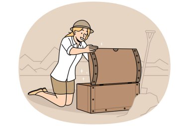 Young woman archaeologist open chest with treasures on archeological site. Smiling female paleologist discover artifacts in desert. Vector illustration. clipart