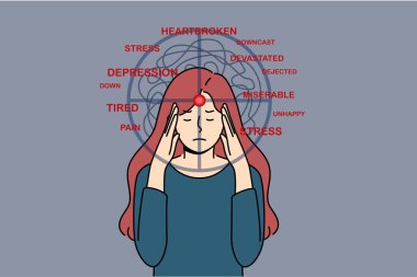 Stres ve ıstırap çeken depresyondaki bir kadın. Kafasını hedefle sıkıyor. Yazıtların yanında sakat ya da kederli. Kızın psikolojik baskısı stres, umutsuzluk ya da ilgisizliğe neden oluyor.
